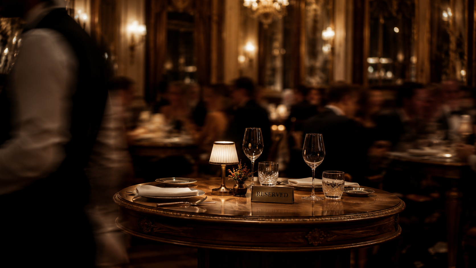 A reserved table set for fine dining in an ornate restaurant, with a 'Reserved' place card