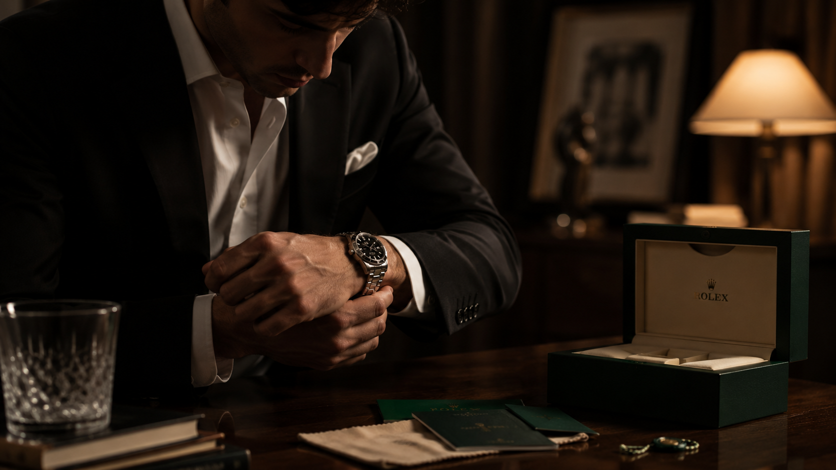 A man in a suit fastening a Rolex watch beside its open presentation box on a desk