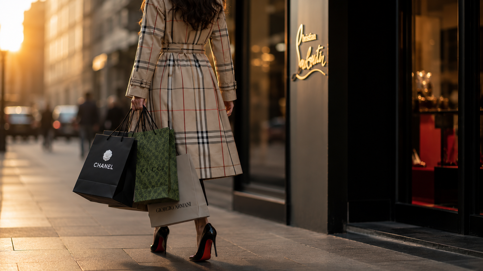 A woman walking past a luxury boutique carrying shopping bags from Chanel, Gucci, and Giorgio Armani